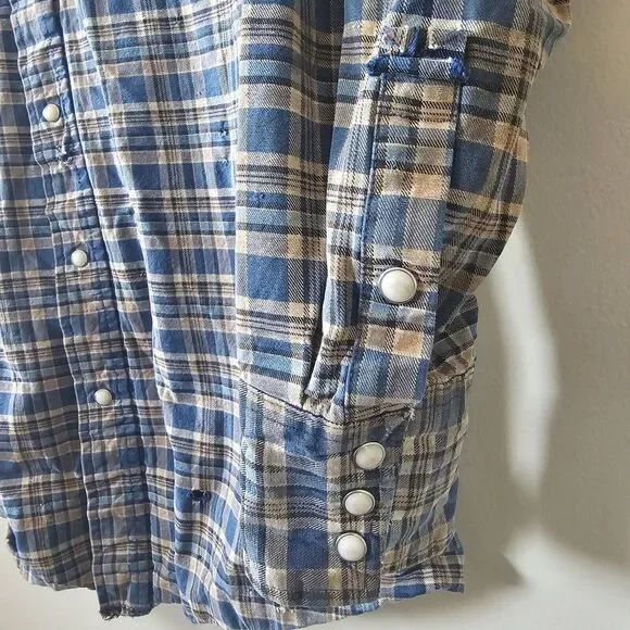 Wrangler Brushpopper Shirt Men's Size XLT Long‎ Tail Plaid Snaps Blue Vintage - Picture 4 of 15